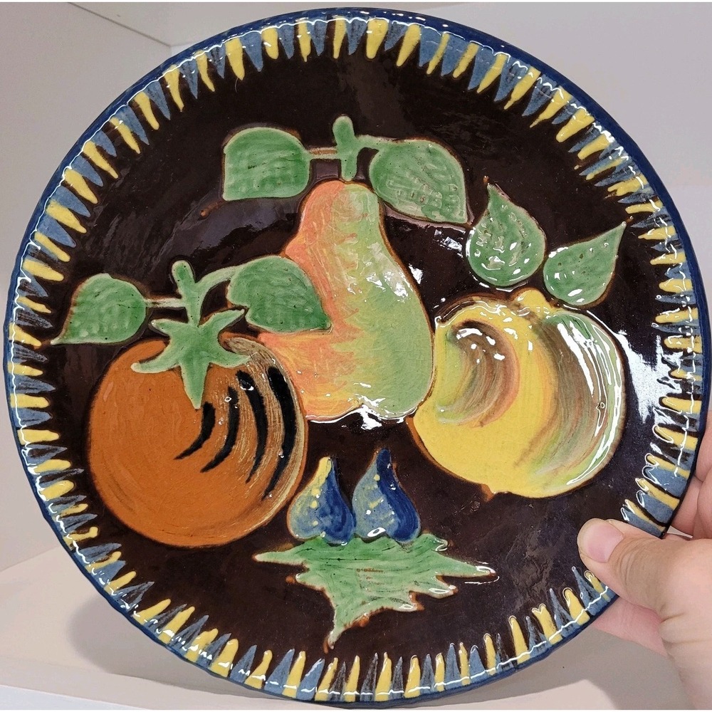 Vintage Italian Studio Pottery Embossed Fruit Plate Dark‎ Glaze Sign Luigiolanta